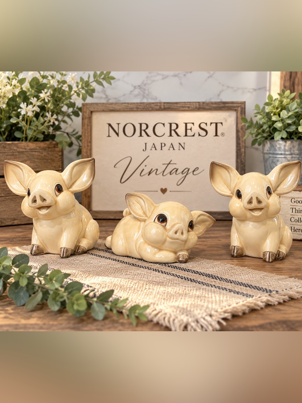 Norcrest Cream Ceramic Pig Set piggy banks vintage- Decorative Home Accent